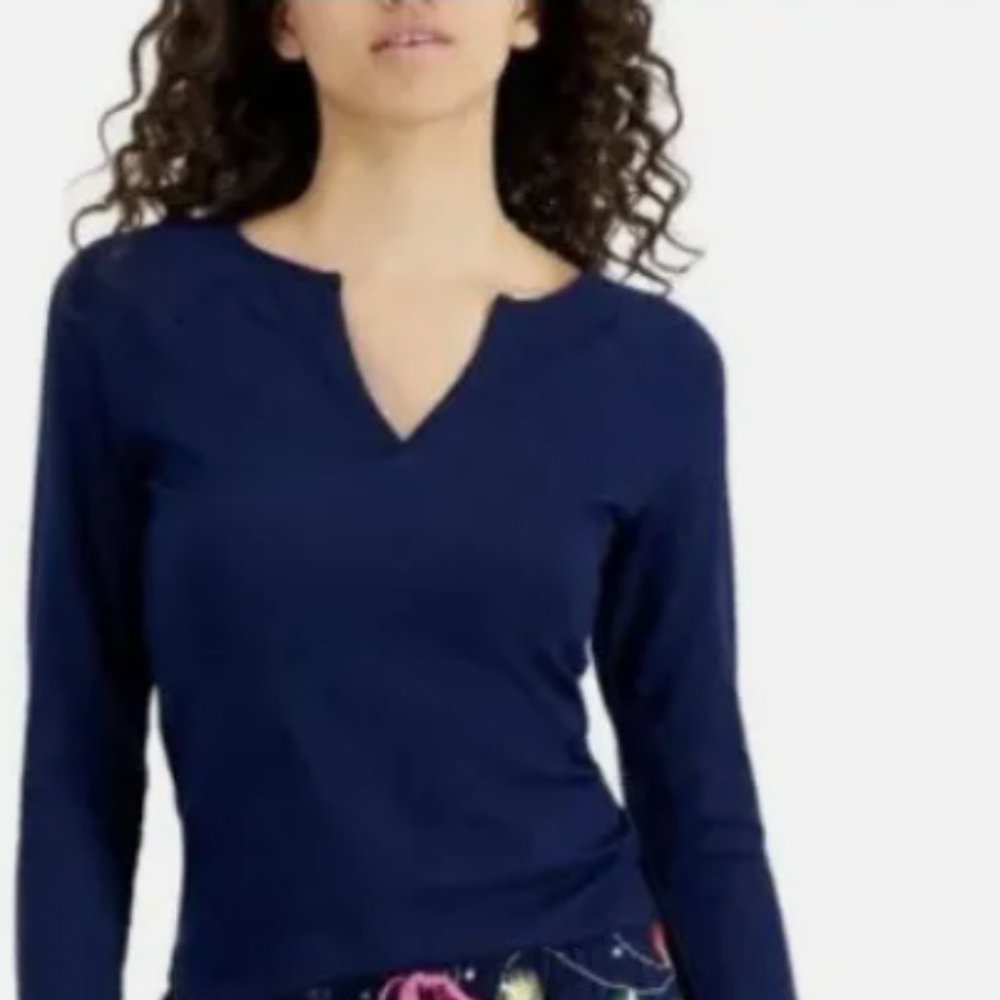 NWT Jenni Split Neck Ribbed Long Sleeve Knit Pajama Top Navy Sail